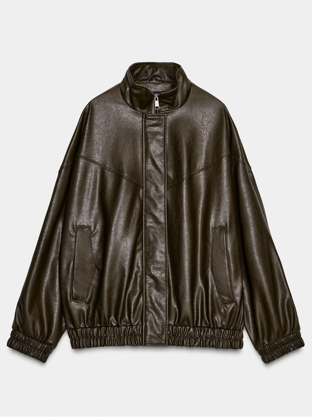 ZARA FAUX LEATHER HIGH COLLAR BOMBER JACKET (KHAKI)